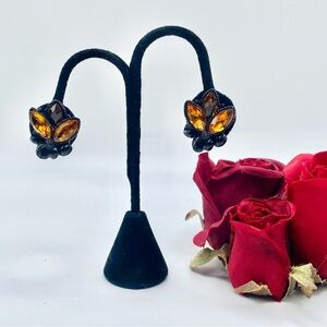 Weiss Topaz Rhinestone Leaf Japanned Black Enamel Vintage Clip-On Earrings